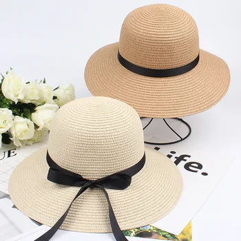 Годишна жена празнична плажна шапка с козирка, градинска дамски ежедневни сгъваема сламена шапка с панделка, слънчеви шапки